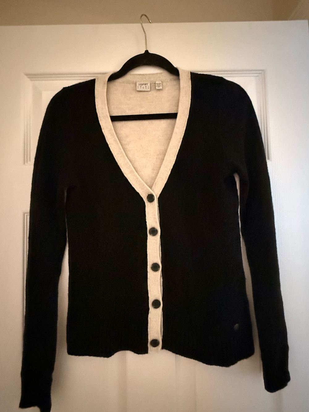 ESPRIT Black & Cream Wool Angora mix V-Neck Button Cardigan Sweater